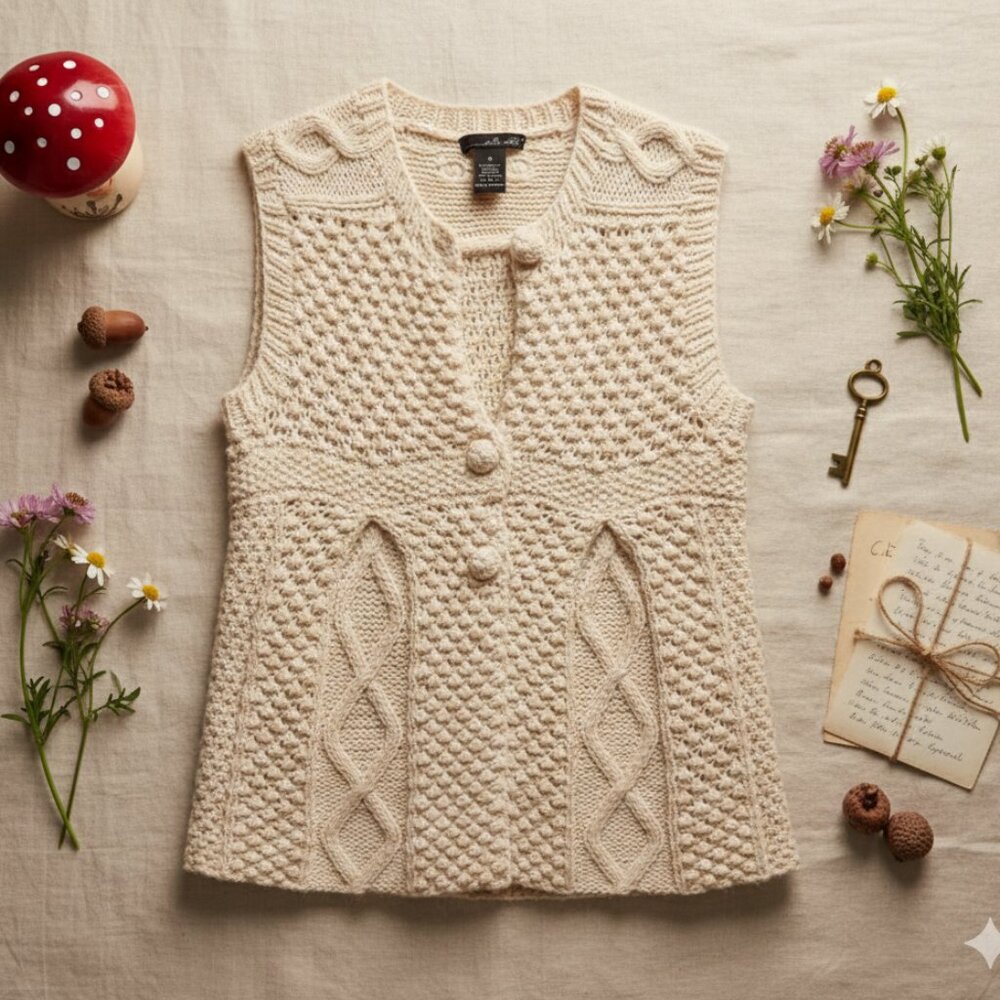 Willi Smith Cream Cable Knit Button-Front Vest - Women's Medium